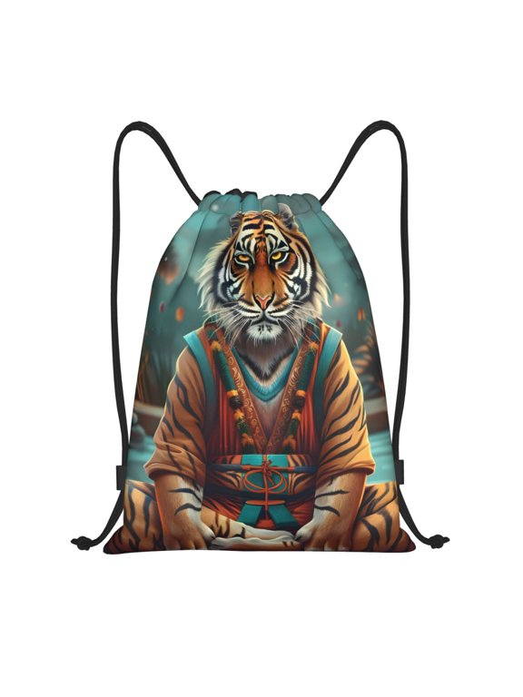 Pond Meditating Tiger Print Drawstring Backpack,Drawstring Bags String Backpack Gym Cinch Sack Backpack Sport Bag Draw-Small