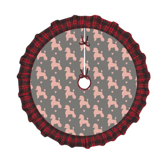 Honeii Poodle Dog Pattern Christmas Tree Skirt, Christmas Ribbon Holly Winter Holiday Tree Mat Decoration-30"