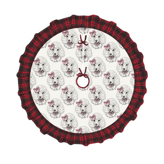 Honeii Poodle Dog Pattern Christmas Tree Skirt, Christmas Ribbon Holly Winter Holiday Tree Mat Decoration-36"