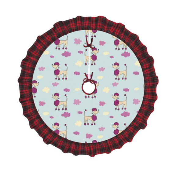 Honeii Poodle Dog Pattern Christmas Tree Skirt, Christmas Ribbon Holly Winter Holiday Tree Mat Decoration-