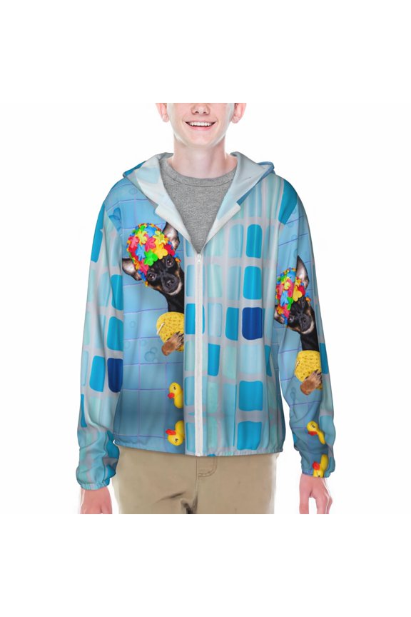 Prague Ratter Dog in Bathtub Print Sun Protection Jacket Hooded Cooling Shirt with Pockets Hiking Outdoor Performance-Small