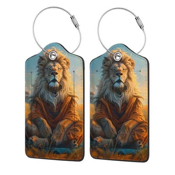 Honeii Prairie Meditating Lion Print Leather Luggage Tag for Suitcases,ID Tags,Bag Tags for Luggage,Functional Travel Tag-4 PCS
