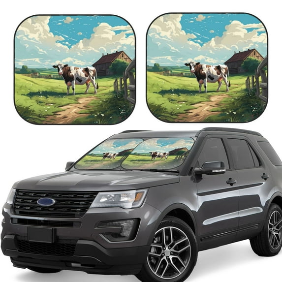 Honeii Prairie Pasture Cow Print Foldable Car Sun Shade for Windshield, 2-Piece UV Protection Shade, Protects Car Interior, Ideal for Cars, Trucks, SUVs-Large