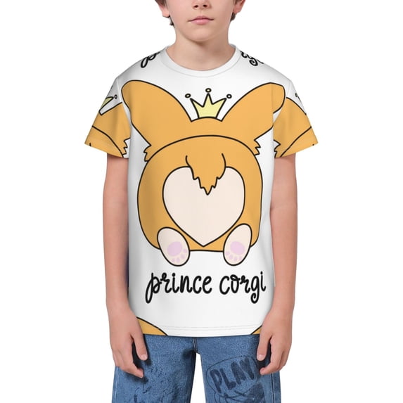 Honeii Prince Corgi Dog Print Youth Short Sleeve T-Shirt,Boys Athletic Shirt,Quick Dry Short Sleeve Performance Moisture Wicking T Shirt