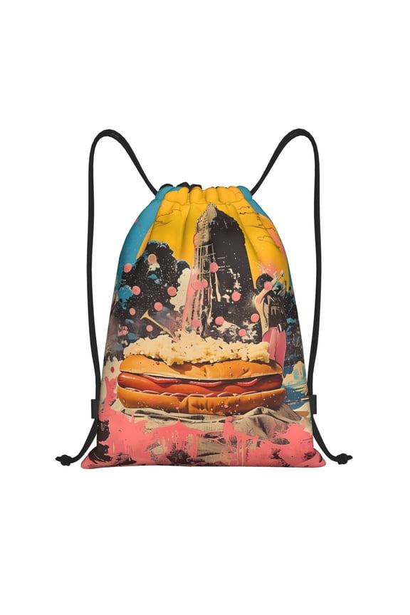 Honeii Psychedelic Band Hotdog Art Print Drawstring Backpack,Drawstring Bags String Backpack Gym Cinch Sack Backpack Sport Bag Draw-Medium