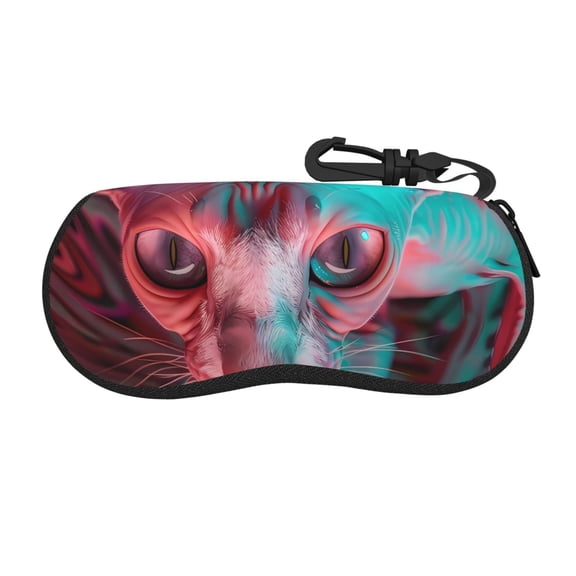 Honeii Psychedelic Hairless Cat Print Neoprene Glasses Case,Spacious for Sunglasses and Eyeglasses,Zipper Eyeglass Case With Belt Clip