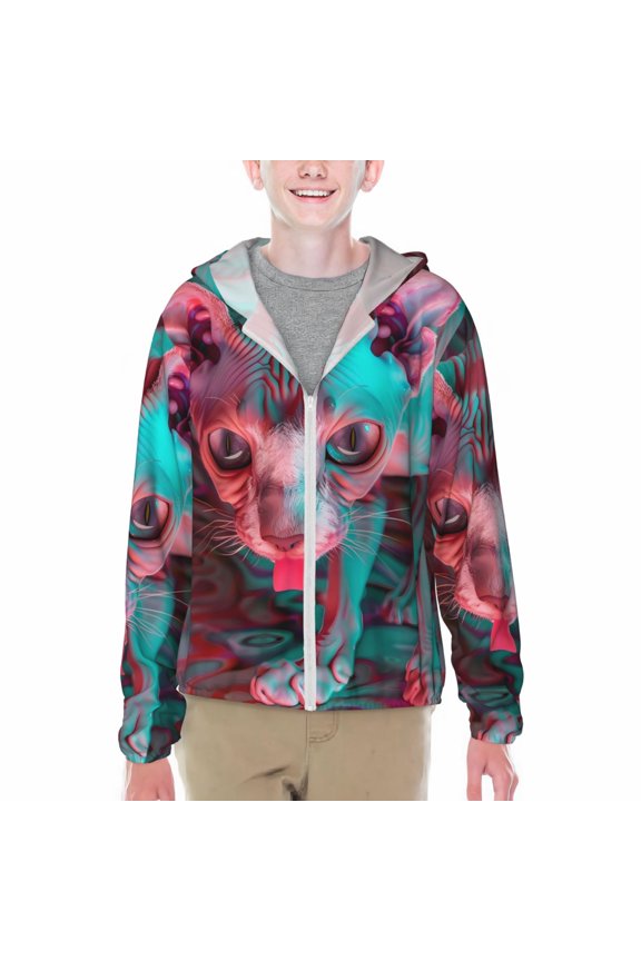 Psychedelic Hairless Cat Print Sun Protection Jacket Hooded Cooling Shirt with Pockets Hiking Outdoor Performance-XX-Large