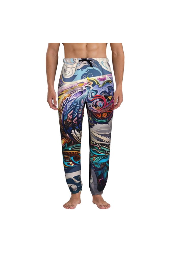 Psychedelic Shark Artwork Print Mens Jogger Sweatpants, Men's Lounge Pants with Pockets-3X-Large