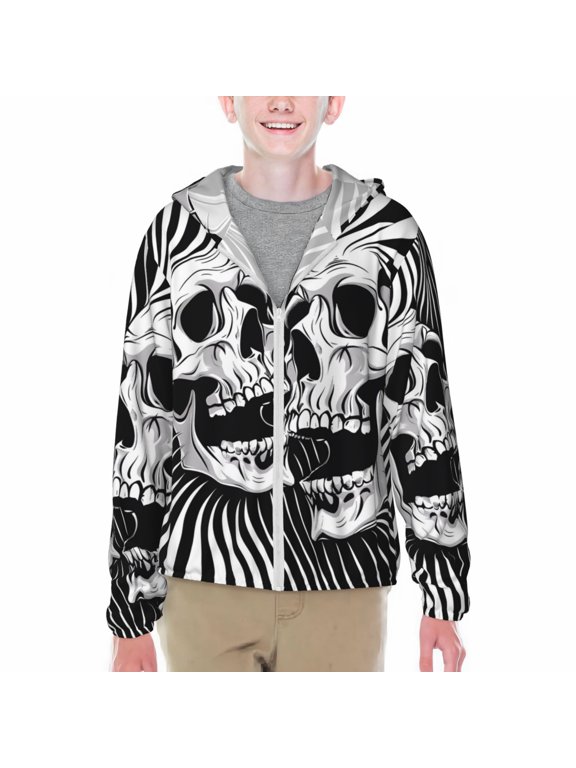 Psychedelic Skull Illusion Art Print Sun Protection Jacket Hooded Cooling Shirt with Pockets Hiking Outdoor Performance-Small