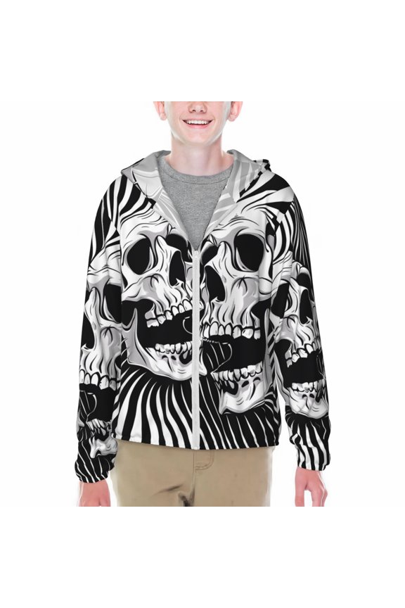 Psychedelic Skull Illusion Art Print Sun Protection Jacket Hooded Cooling Shirt with Pockets Hiking Outdoor Performance-Small