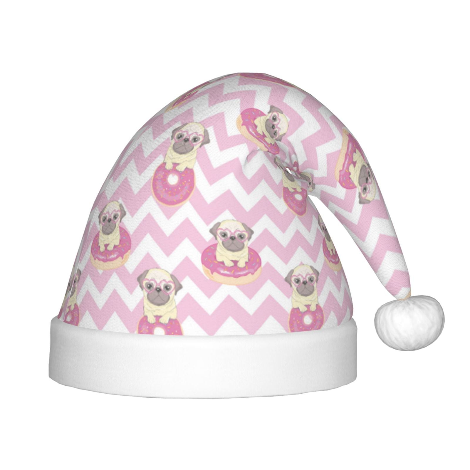 Honeii Pug And Donut Print Hat Santa Claus Hat For Xmas Party, Christmas Caps For Boys Girls Child,Christmas Beanie