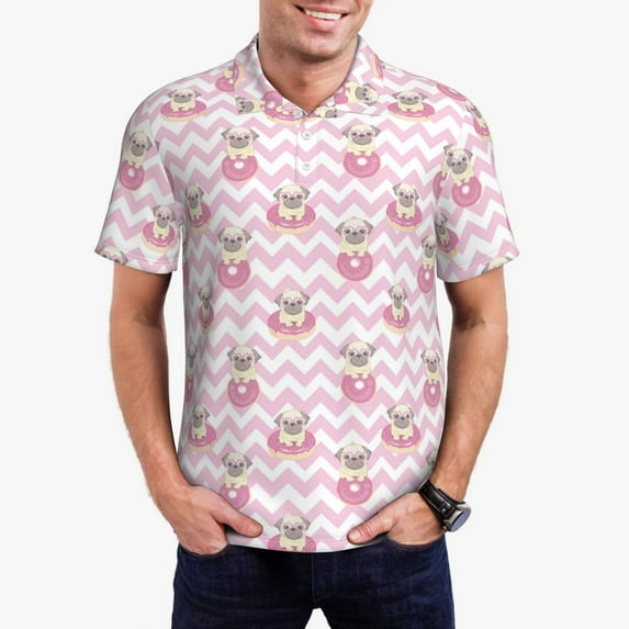 Honeii Pug And Donut Print Polo Shirt, A Classic Short-Sleeved, Button-Down Golf Shirt for Men,Mens Polo Shirts Short Sleeve-Large