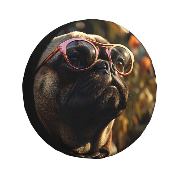 Honeii Pug Wearing Sunglasses Flowers Print Tire Covers, Waterproof Anti-UV Sun Snow Rain Tire Covers for Trailers, RV, Camper, SUV, Truck-15 inch