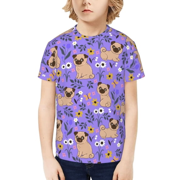 Honeii Pugs and Flowers Print Kids Boy T-Shirt,Breathable Round Neck Tee,Stylish Summer Tee for Boys, for Outdoor Activities and Casual Wear