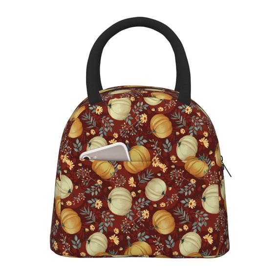 Honeii Pumpkin Leaf Daisy Print Insulated Lunch Bag Women Reusable Lunch Box with Pocket for Work Picnic Travel -One Size