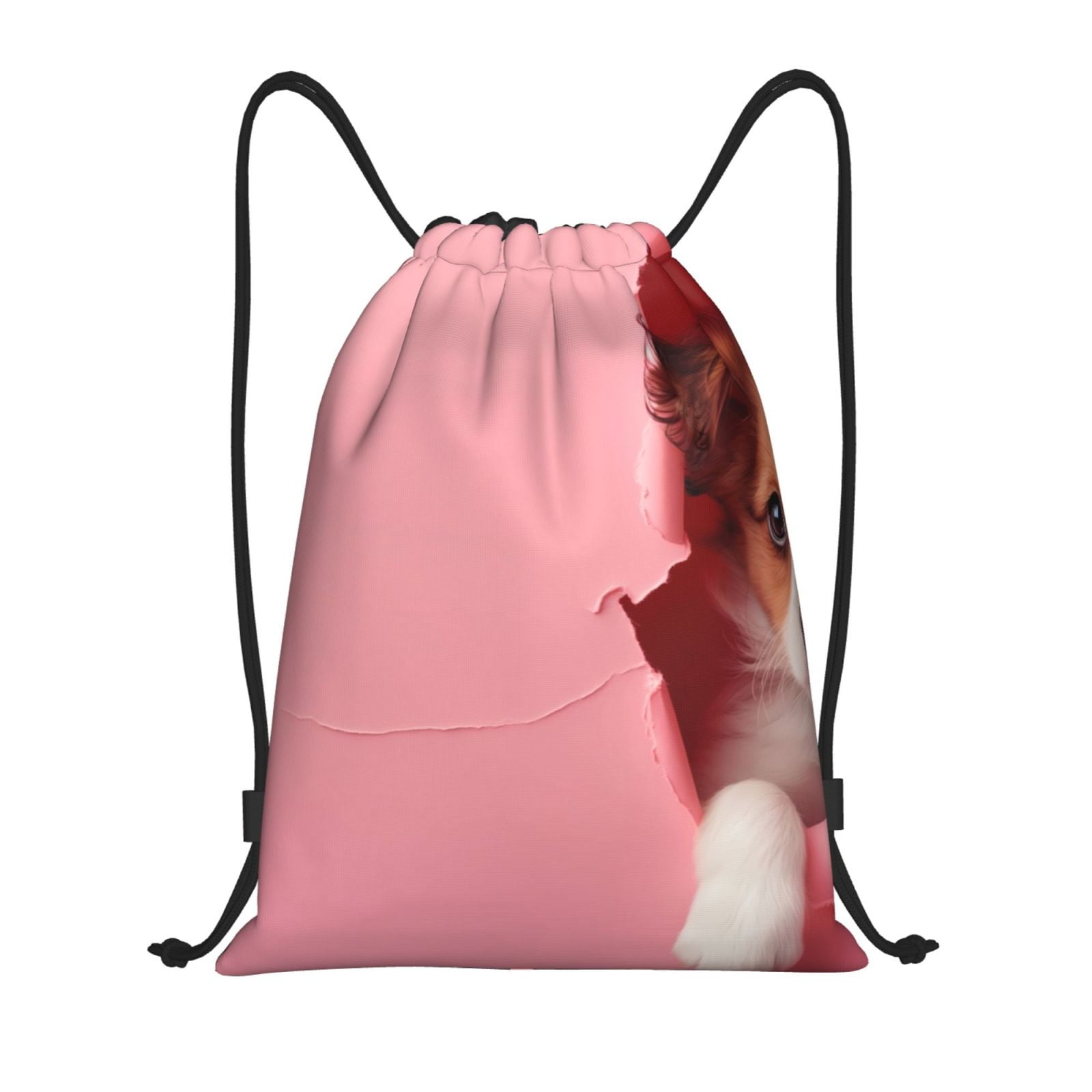 Honeii Puppy Peeking Through Pink Print Drawstring Backpack,Drawstring
