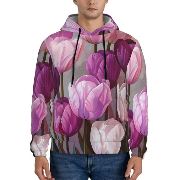 Honeii Purple And Pink Tulip Bouquet Pattern Mens Hoodies Men's Loose Sleeve Sweatshirt,Pullover Hooded Sweatshirt for Men,Essentials Hoodie-Small