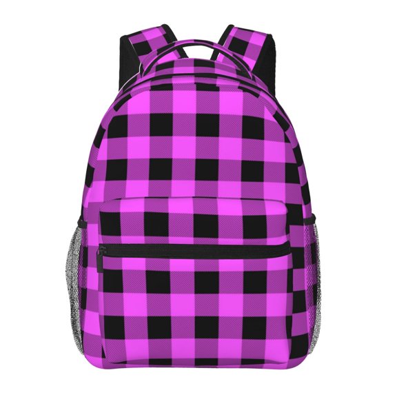 Honeii Purple Black Buffalo Plaid Print Backpack for Both Men and Women, Basic Bookbag for College, Work, or Travel,Rucksack Computer Bag-One Size