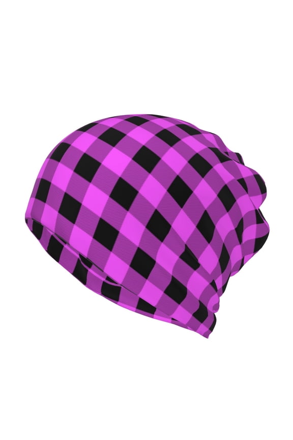 Purple Black Buffalo Plaid Print Winter Beanie Daily Hat - Thermal Polar Fleece Ski Running Hat Skull Cap for Men and Women,Beanie