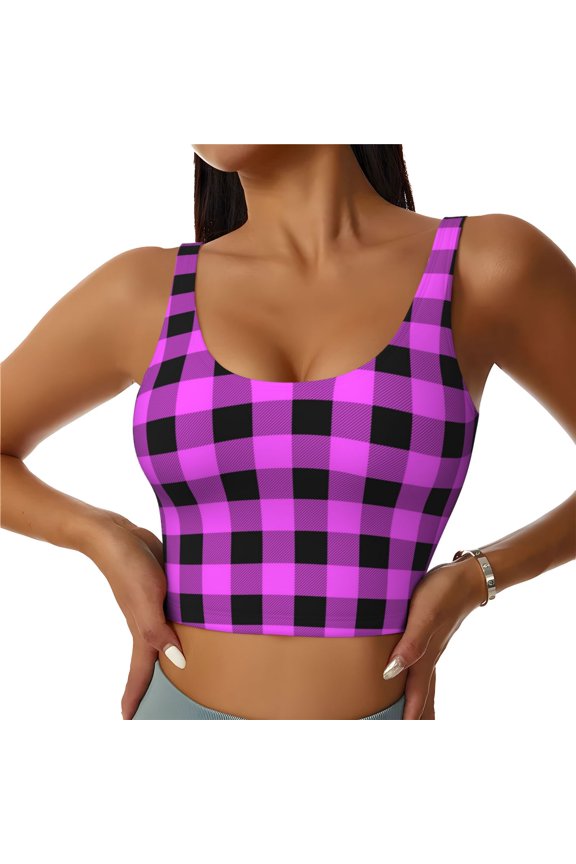 Purple Black Buffalo Plaid patten Workout Crop Tank Top for Women Yoga Tank Tops Athletic Sports Shirts Exercise Undershirts,Sports Bra,Sports vest-Medium