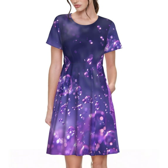 Honeii Purple Bubble Abstract Art Print Women’s Short Sleeve Dress, Comfortable Casual Dress, Soft Polyester Spandex Blend, Stylish Everyday Wear for Summer, Perfect for Travel and Vacation