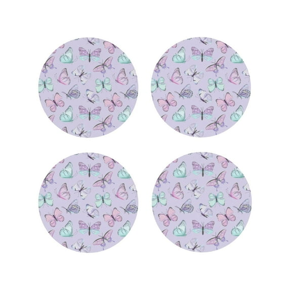Honeii Purple Butterfly print Leather Coaster Set of 4, ideal for safeguarding your furniture from drinks spills and effortless cleanup-Round Shape