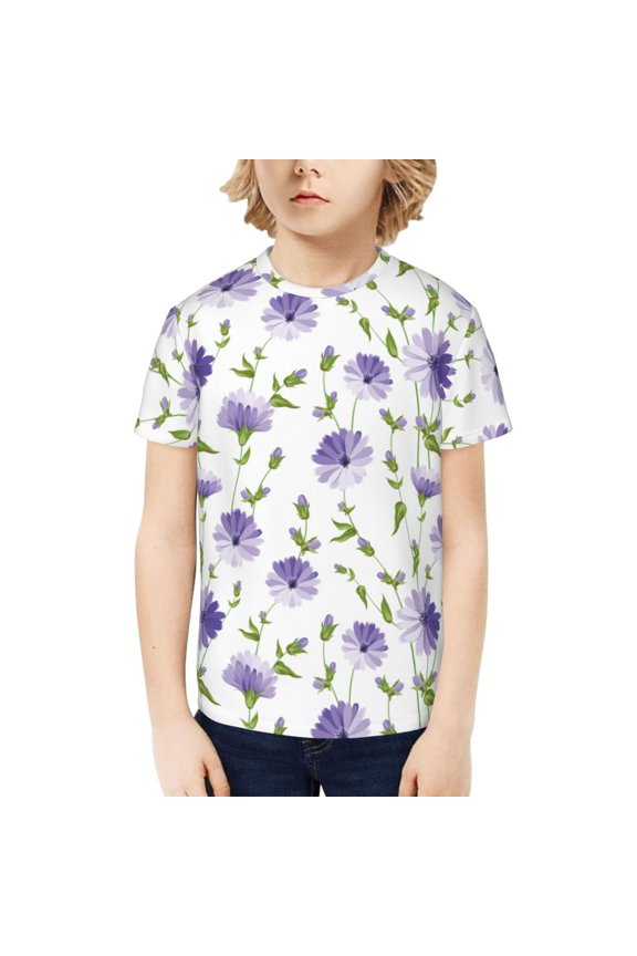 Purple Chicory Print Kids Boy T-Shirt,Breathable Round Neck Tee,Stylish Summer Tee for Boys, for Outdoor Activities and Casual Wear