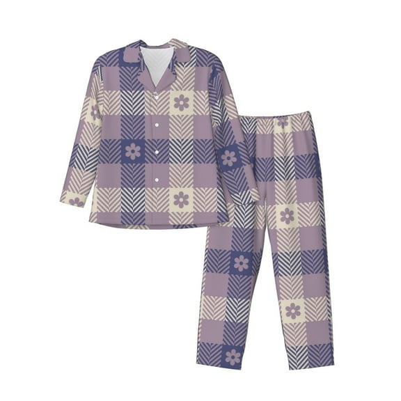 Honeii Purple Floral Gingham Check Plaid Pattern Mens Pajamas Set,2pcs Men's Lounge Long Sleeve Sleep Shirt and Pajama Bottoms Sleepwear Set,Mens Pjs Sets-Large