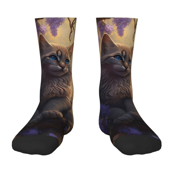 Honeii Purple Flower Lazy Cat Print Children's Colorful Socks,Unisex Kids and Toddlers' Cushioned Sock,Kids Athletic Crew Socks,for Everyday Wear and Sports