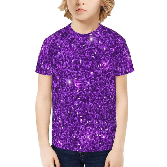 Honeii Purple Glitter Print Kids Boy T-Shirt,Breathable Round Neck Tee,Stylish Summer Tee for Boys, for Outdoor Activities and Casual Wear