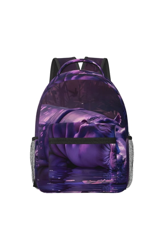Purple Hippo In Water Print Backpack for School,15.6 inch Laptop Back Pack for High School and College Students, Waterproof Computer Bookbag-One Size