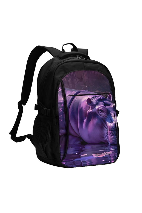 Purple Hippo In Water for Travel Laptop Backpack, Business Laptops Backpack with USB Charging Port, College High School Computer Bag for Men Women