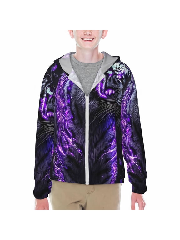 Purple Plant White Tiger Print Sun Protection Jacket Hooded Cooling Shirt with Pockets Hiking Outdoor Performance-Medium