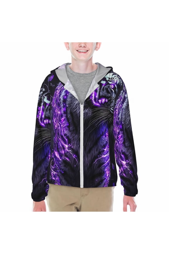 Purple Plant White Tiger Print Sun Protection Jacket Hooded Cooling Shirt with Pockets Hiking Outdoor Performance-Small