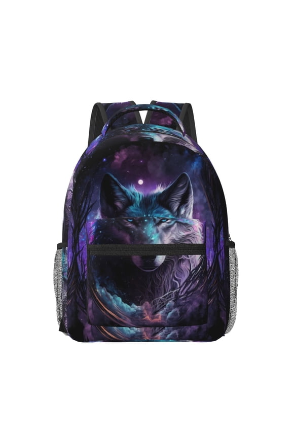 Purple Sky Wolf Print Backpack for School,15.6 inch Laptop Back Pack for High School and College Students, Waterproof Computer Bookbag-One Size
