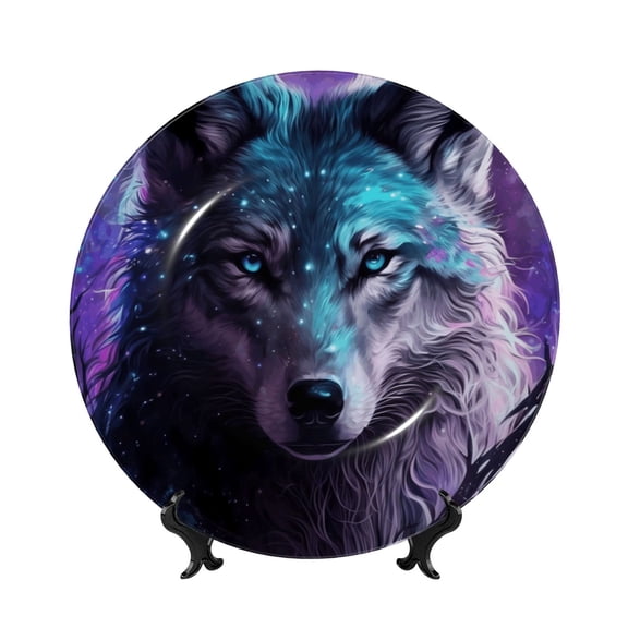 Honeii Purple Sky Wolf Print Elegant Bone China Decorative Plate, Porcelain Plate,Art Crafts,Ceramic Ornaments for Home Office Wall Decor-6in