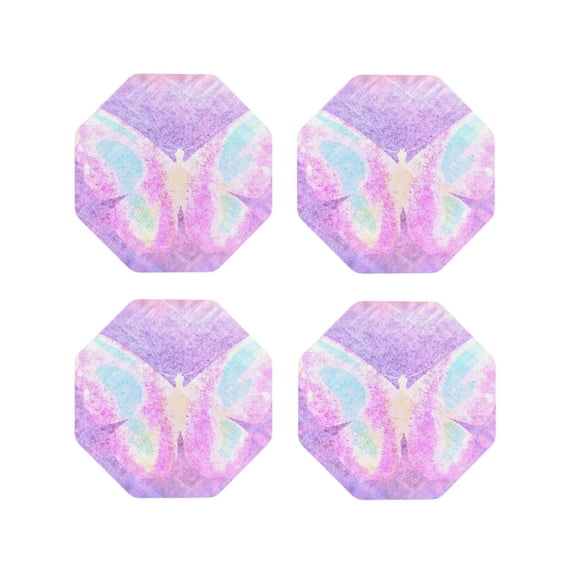 Honeii Purple Sparkling Butterfly Print Leather Coaster Set of 4, Ideal for Safeguarding Your Furniture from Drinks Spills and Effortless Cleanup-Octagon
