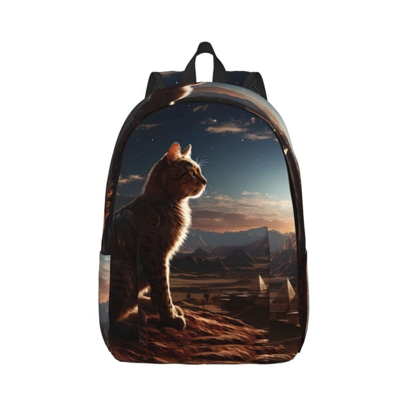 Honeii Pyramid Desert Cat Print Canvas College Laptop Backpack, Durable Rucksack Travel Notebook Bag School Backpack Book Bag for Men Women-Medium