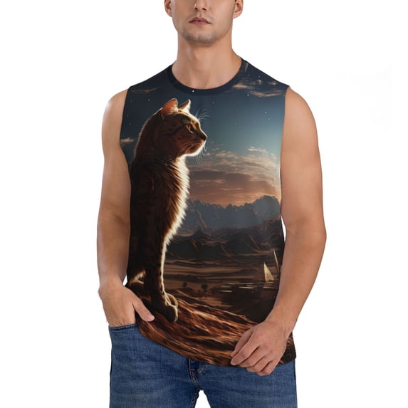 Honeii Pyramid Desert Cat Print Men's Sleeveless Muscle Shirts, Breathable & Quick-Dry Gym Shirt, Athletic Tank Top for Running, Fitness, and Outdoor Activities-Small