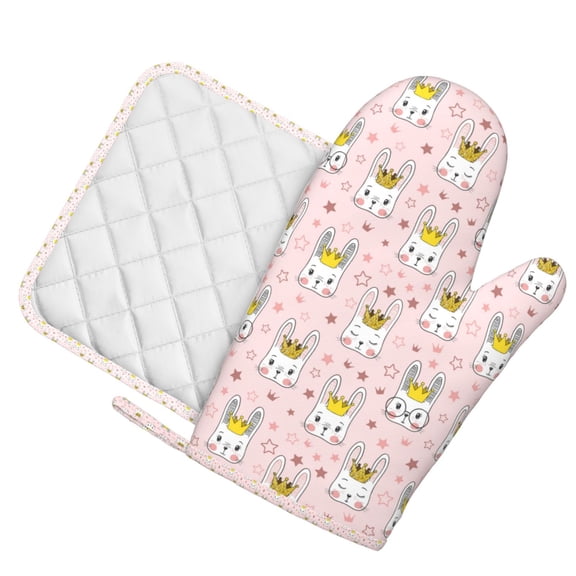 Honeii Queen For Rabbit patten Oven Mitts and Pot Holders Sets, Baker Oven Mitts, Mittens for Kitchen Decor, Baking Lover over Gloves Gifts