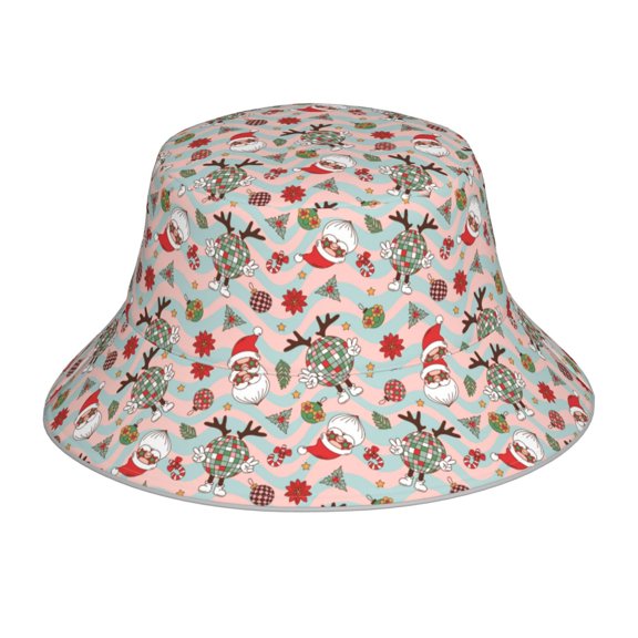 Honeii Quirky Santa Reindeer Retro Wave for Unisex Bucket Hat Waterproof Rain Hat Reversible Shiny Rave Bucket Hat for Concert Festival Boonie Cap