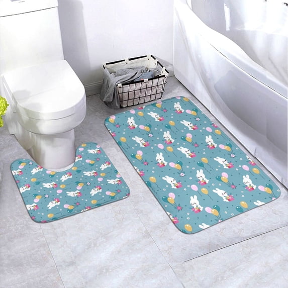 Honeii Rabbit And Balloon Pattern Bathroom Anti-Skid Pad Bathroom Mat Vintage Seamless Pattern Not-Slip Toilet Rug Set
