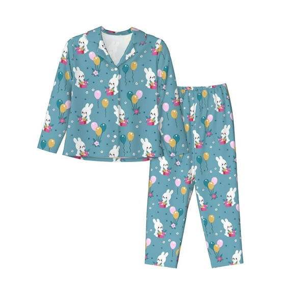Honeii Rabbit And Balloon print Women's Pajama Sets Long Sleeve Button Down Sleepwear Nightwear Soft Pjs Lounge Sets-Large