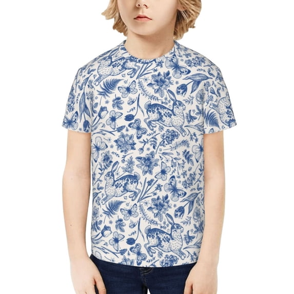 Honeii Rabbit And Butterfly Print Kids Boy T-Shirt,Breathable Round Neck Tee,Stylish Summer Tee for Boys, for Outdoor Activities and Casual Wear
