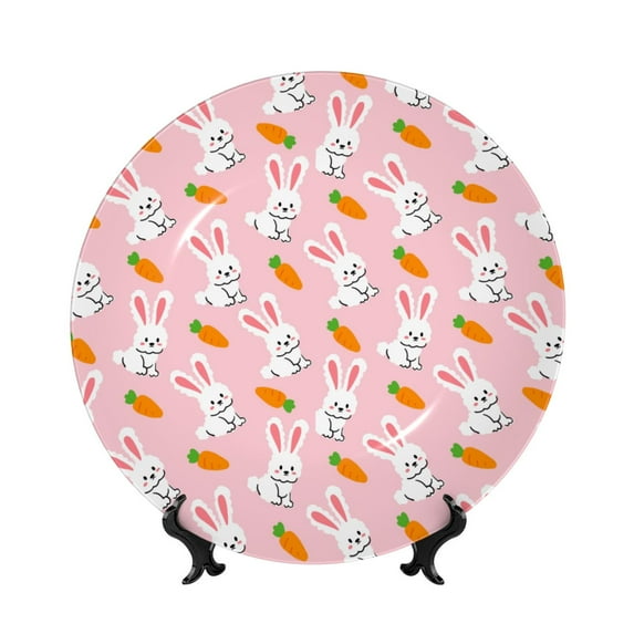 Honeii Rabbit And Carrot Print Elegant Bone China Decorative Plate, Porcelain Plate,Art Crafts,Ceramic Ornaments for Home Office Wall Decor-8in