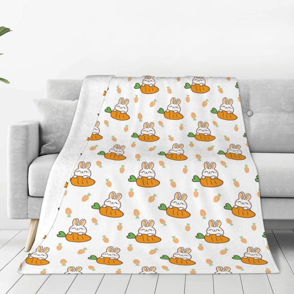 Honeii Rabbit And Carrot Print Fleece Blanket - Throw Blanket for Bed, Sofa, Couch, Camping, and Travel , Microplush Ultra Soft Warm Blanket-60"x50"
