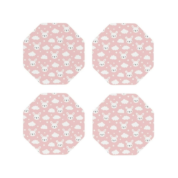 Honeii Rabbit And Cloud print Leather Coaster Set of 4, ideal for safeguarding your furniture from drinks spills and effortless cleanup-Octagon