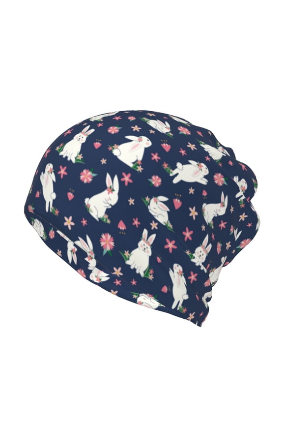 Rabbit And Flower Print Winter Beanie Daily Hat - Thermal Polar Fleece Ski Running Hat Skull Cap for Men and Women,Beanie