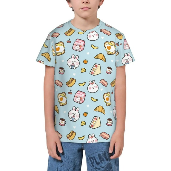 Honeii Rabbit Burger Coffee Print Youth Short Sleeve T-Shirt,Boys Athletic Shirt,Quick Dry Short Sleeve Performance Moisture Wicking T Shirt