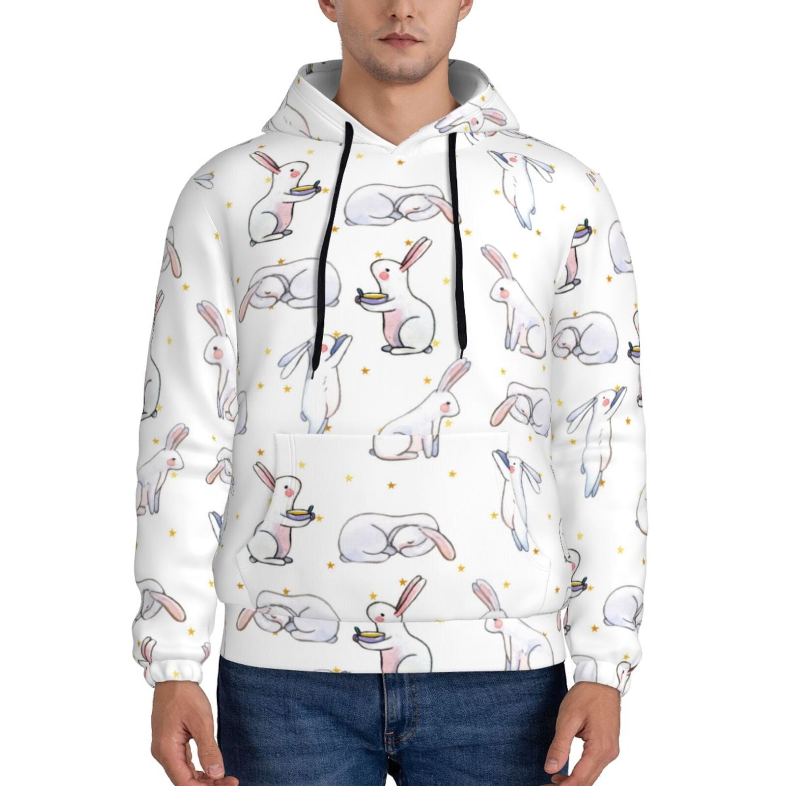 Honeii Rabbit Eating Pattern Mens Hoodies Men's Loose Sleeve Sweatshirt ...